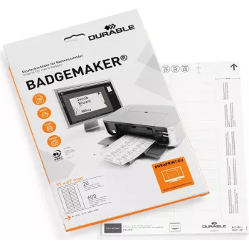 DURABLE BADGEMAKER® sisetasku sildid 67 x 17 mm, valge, 400 silti, A4 lehed, tindiprinterile ja laserprinterile 146102