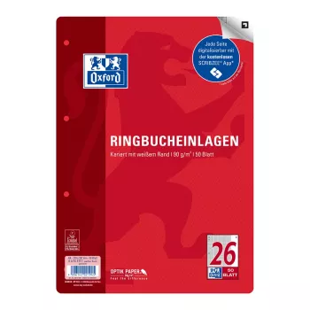 Oxford ringklambriga kaustade täitepaber A4 ruuduline 50 lehte 4 auguga äärisjoonega valge 400131580