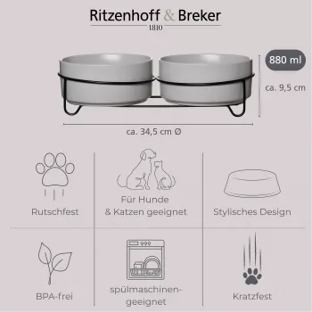 Ritzenhoff & Breker TARO kahekordne lemmiklooma kausikomplekt, 880 ml, hall kivikeraamika musta metallaluse jaoks 450521