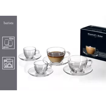 Ritzenhoff & Breker BARISTA cappuccino komplekt, 4-osaline, läbipaistev klaas, 220 ml tassid, nõudepesumasinas pestav 822021