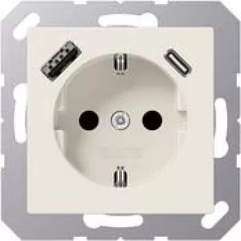 JUNG A 1520-15 CA SCHUKO pistikupesa 16 A 250 V USB-laadijaga 1 x A-tüüp + 1 x C-tüüp, Safety Plus, AS-seeria, valge (elevandiluu)