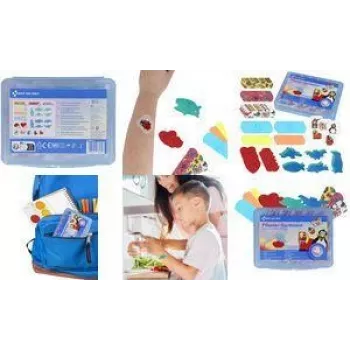 FIRST AID ONLY laste plaastrite komplekt, 45 tk, hüpoallergeenne, plastikust karbis, 4 disaini (P-10069 00)