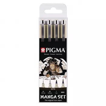 SAKURA Pigma Micron Manga Set Sepia 4-osaline peenjoonistus- ja pintslipastellipliiatsite komplekt korduvkasutatavas karbis POXSDKMAN4