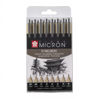 SAKURA Pigma Micron peenikeste kirjutusvahendite komplekt, 8-osaline, must, erinevad otsa suurused 0,15 mm kuni pintsel POXSDK8