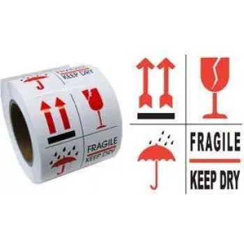 RILLPRINT 76900 Hoiatusmärgised FRAGILE / KEEP DRY Püsiv liim Valge/Punane/Must 74x105mm 500 märgist rullis