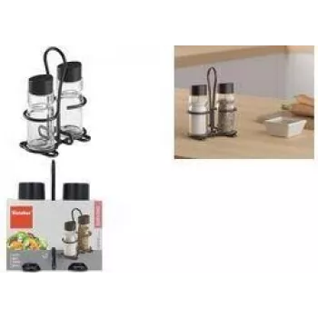 Metaltex Spice Line soola- ja pipraoksjonikomplekt, 3-osaline, klaasist mustade plastkaantega, läbipaistev 252871000