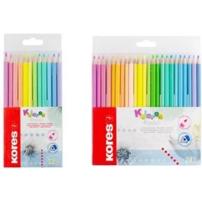 Kores Kolores Pastel kolmnurksed värvilised pliiatsid, 12 erinevat pastelset värvi, 3 mm südamik, kõrge pigmendisisaldus, pappkarp BB93311