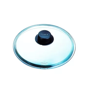 PYREX klaasist kaas 24 cm, borosilikaatklaas, must fenoolkäepide, aurutusava, ahjukindel kuni 220°C