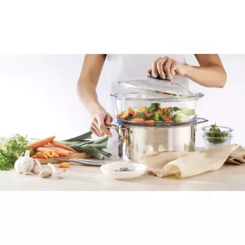 PYREX klaasist kaas 24 cm, borosilikaatklaas, must fenoolkäepide, aurutusava, ahjukindel kuni 220°C