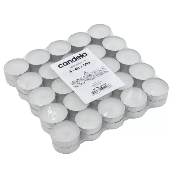 CANDELA teeküünlad 75 tk – valged lõhnatud parafiinist teeküünlad alumiiniumtopsides, põlemisaeg 3,5–4 h