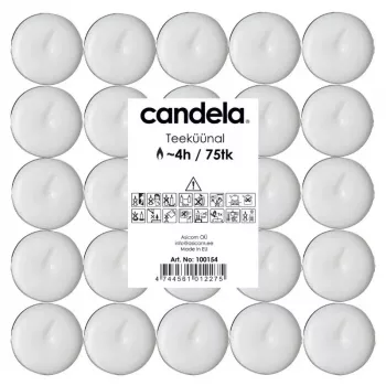 CANDELA teeküünlad 75 tk – valged lõhnatud parafiinist teeküünlad alumiiniumtopsides, põlemisaeg 3,5–4 h