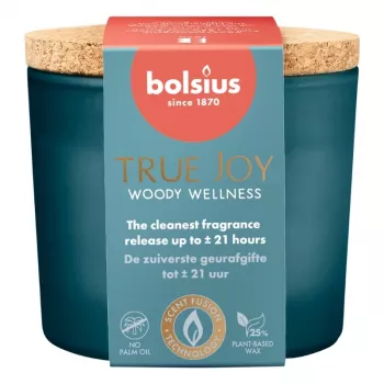 BOLSIUS True Joy lõhnav küünal klaaspurgis korgist kaanega - Woody Wellness, Ø66x83 mm