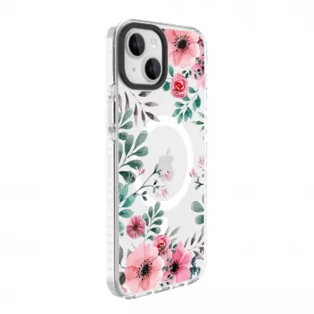 Evelatus iPhone 15 Plus läbipaistev MagSafe ümbris lillemustriga