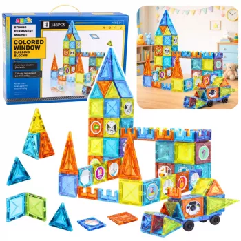 LEAN TOYS Magnetilised hariduslikud klotsid akendega ja 3D sõidukite kleepsudega 138 tk.