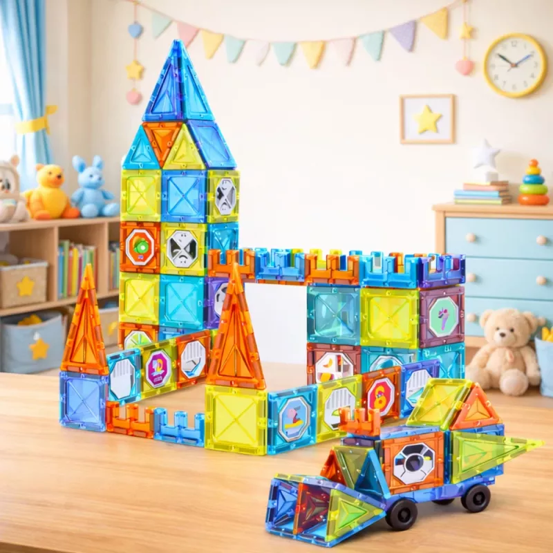 LEAN TOYS Magnetilised hariduslikud klotsid akendega ja 3D sõidukite kleepsudega 138 tk.