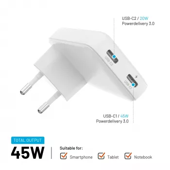 Fixed Slim 2xUSB-C reisilaadija 65W GaN PD valge