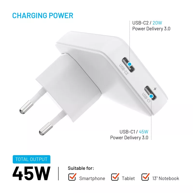 Fixed Slim Traveller 2xUSB-C reisilaadija koos maailma adapteritega, GaN, 45W - valge