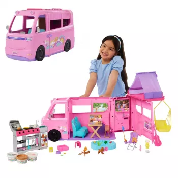 Barbie Dreamhouse Adventures nuku matkaauto mängukomplekt, muutub 7-alaliseks matkaautoks, 60+ tarvikut, roosa