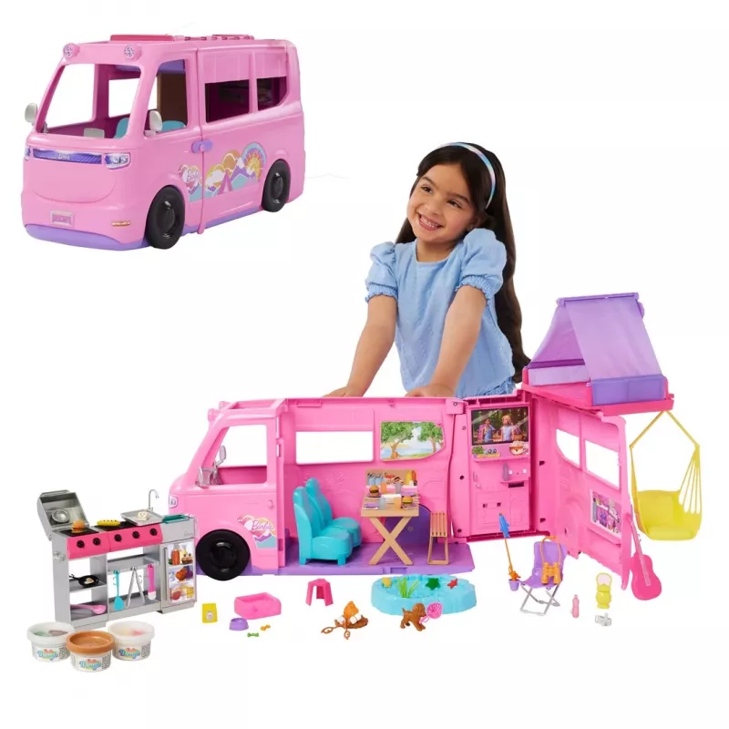 Barbie Dreamhouse Adventures nuku matkaauto mängukomplekt, muutub 7-alaliseks matkaautoks, 60+ tarvikut, roosa