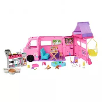 Barbie Dreamhouse Adventures nuku matkaauto mängukomplekt, muutub 7-alaliseks matkaautoks, 60+ tarvikut, roosa
