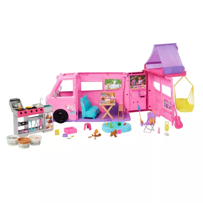 Barbie Dreamhouse Adventures nuku matkaauto mängukomplekt, muutub 7-alaliseks matkaautoks, 60+ tarvikut, roosa