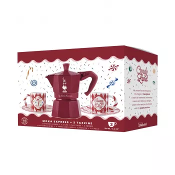 Bialetti Candyland Moka Express 3TZ käsitsi kohvimasin komplekt, 150 ml, punane + 2 tassi
