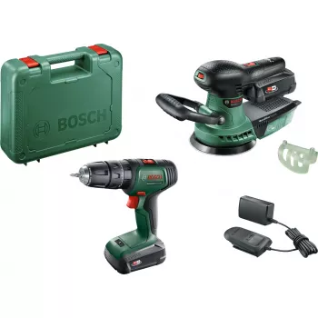 Bosch DIY komplekt UniversalImpact 18V + AdvancedOrbit 18V, 2x 2.0Ah Li-Ion aku, juhtmeta löökpuur-kruvikeeraja + juhtmeta juhusliku orbiidiga lihvija, roheline (06039D410A)