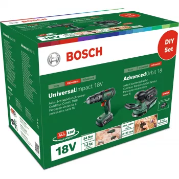 Bosch DIY komplekt UniversalImpact 18V + AdvancedOrbit 18V, 2x 2.0Ah Li-Ion aku, juhtmeta löökpuur-kruvikeeraja + juhtmeta juhusliku orbiidiga lihvija, roheline (06039D410A)