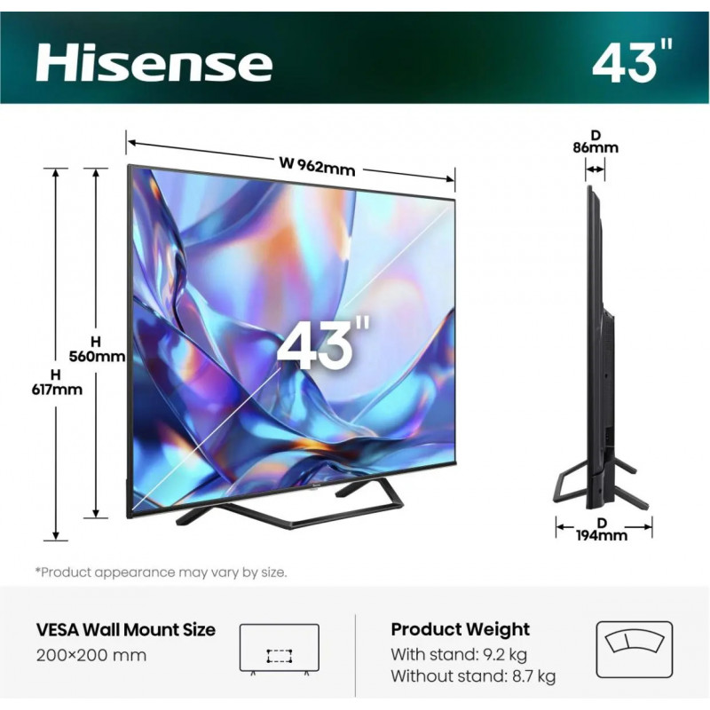 Hisense 43A7S 43 inch QLED 4K VidaaOS 60Hz Dolby Vision IQ 2026 teler