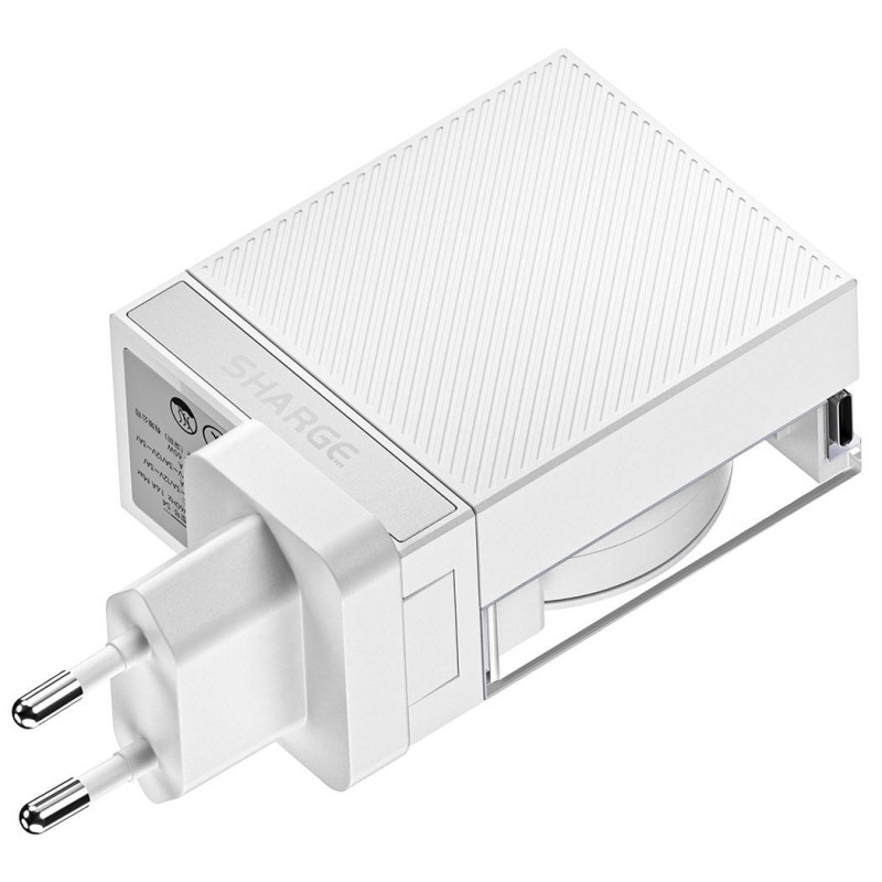 SHARGE Retractable 65 GaN laadija, 65W, 2x USB-C, integreeritud USB-C kaabel - valge