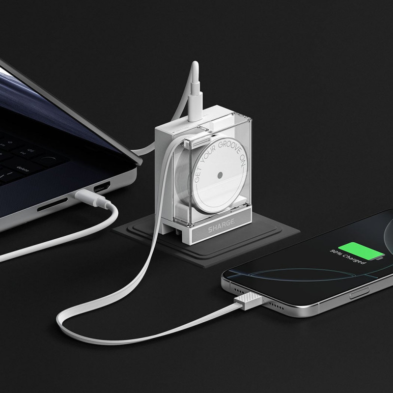 SHARGE Retractable 65 GaN laadija, 65W, 2x USB-C, integreeritud USB-C kaabel - valge