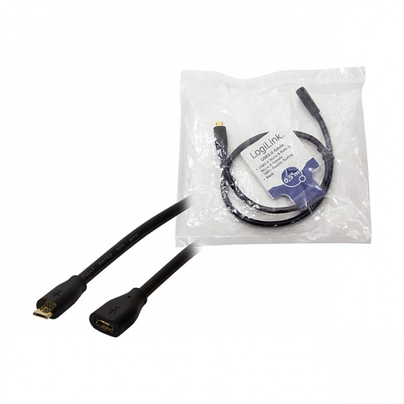 LogiLink CU0120 USB 2.0 pikenduskaabel, Micro-USB B isane - Micro-USB B emane, 0,5 m, must