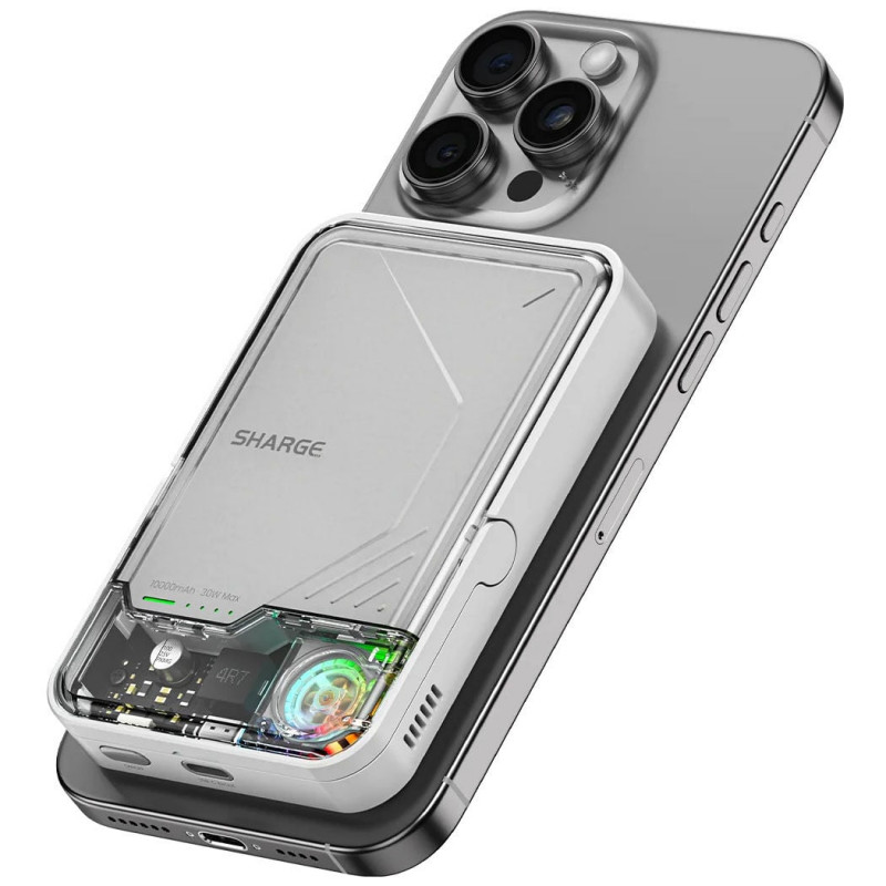 SHARGE ICEMAG 2 akupank, 10000 mAh, 15 W Qi2, 30 W USB-C, läbipaistev