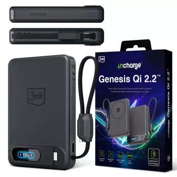 3mk incharge Genesis Qi2 25W juhtmevaba laadija + PD 45W sisseehitatud USB-C kaabliga, must