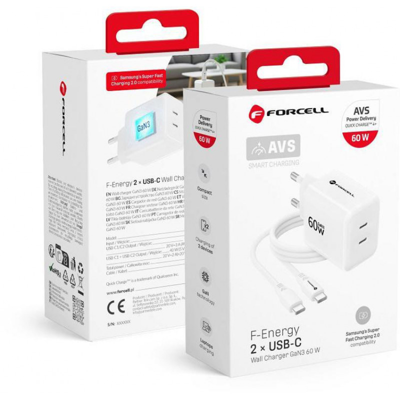 Forcell F-Energy GaN III Crystal Color VT-60 60W PD QC 4.0 2x USB-C seinatavalaadija valge + kaabel