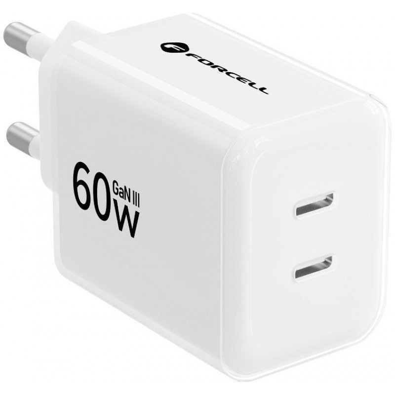 Forcell F-Energy GaN III Crystal Color VT-60 60W PD QC 4.0 2x USB-C seinatavalaadija valge + kaabel