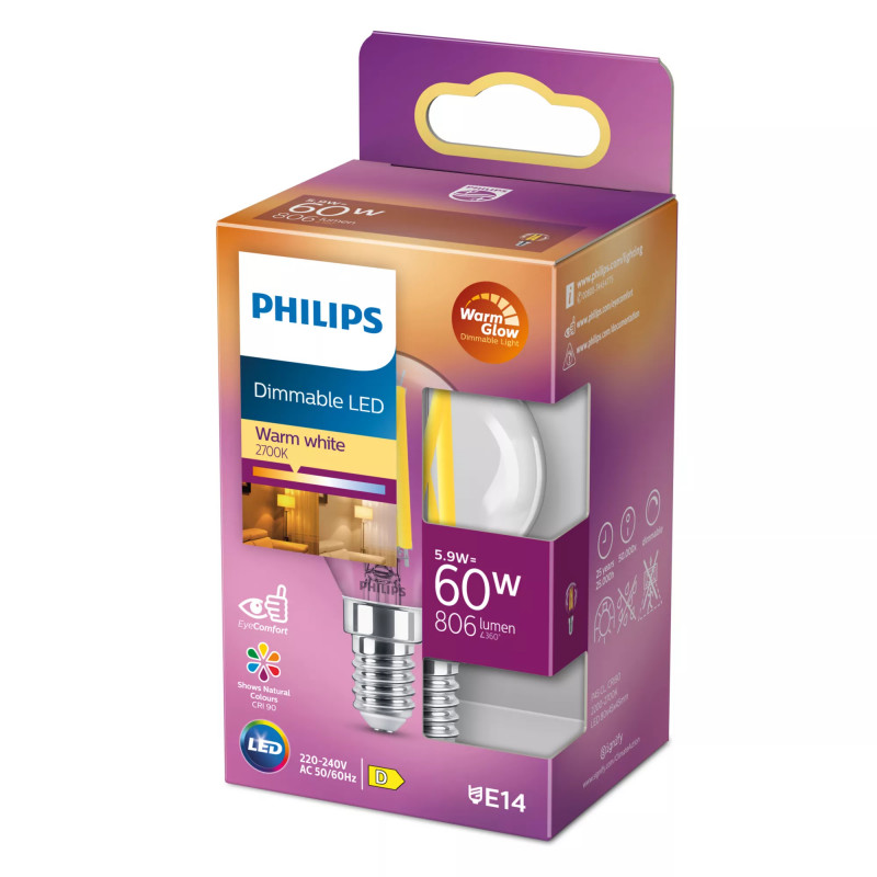 Philips LED Classic WarmGlow pirn 60W E14, tilgakujuline, läbipaistev, dimmitav