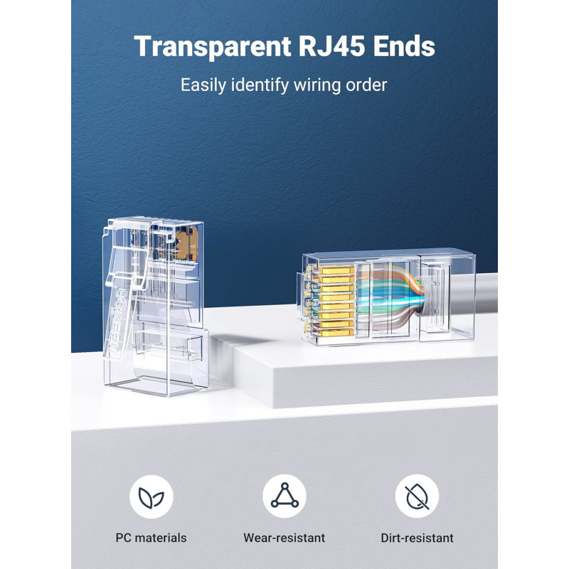 UGREEN Cat6 RJ45 modulaarpistikud (50 tk) – läbipaistvad kullatud kontaktidega