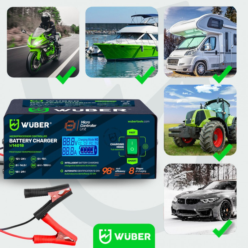 Wuber W14018 mikroprotsessoriga autoakulaadija, 10 A, 6-150 Ah, 2-24 V