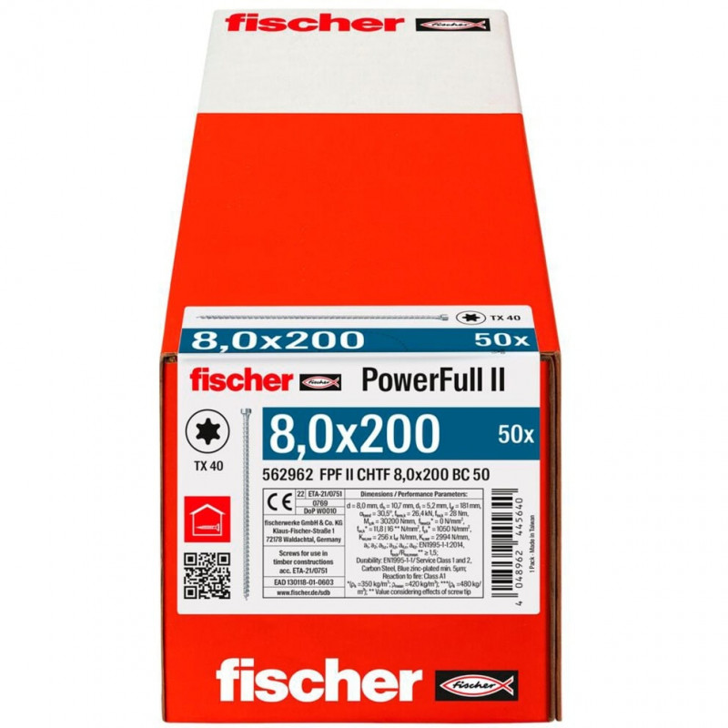 Fischer puitehituskruvi PowerFull II 8.0x200 ZK TX VG (50 tk, täiskeere, tsingitud)