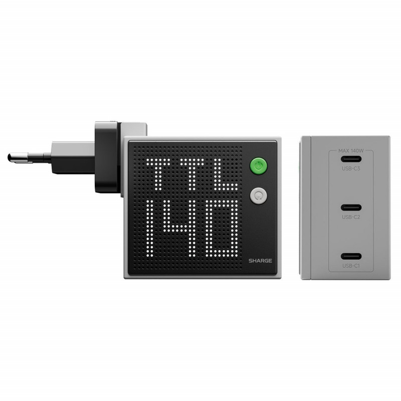 SHARGE Pixel 140 GaN laadija, 140W, 3x USB-C, punktmaatrikskuvar - hall