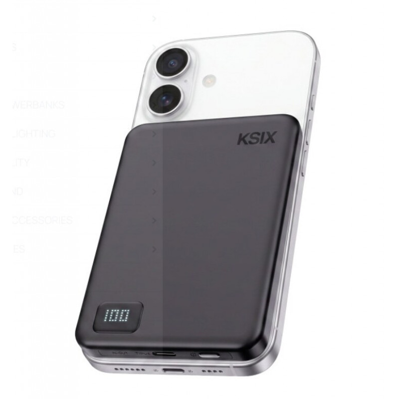 Ksix Powerbank Magslim 5000 mAh magnetiline USB-C PD 20W digitaalne ekraan must