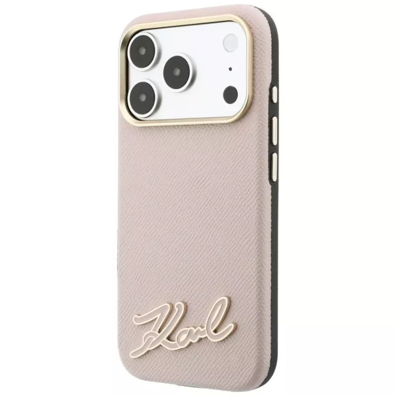 Karl Lagerfeldi teralise pinnaga ümbris vaigust signatuurlogoga, MagSafe, iPhone 18 Pro / 17 Pro jaoks, roosa
