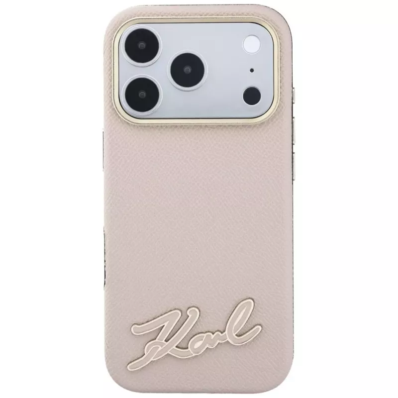 Karl Lagerfeldi teralise pinnaga ümbris vaigust signatuurlogoga, MagSafe, iPhone 18 Pro / 17 Pro jaoks, roosa