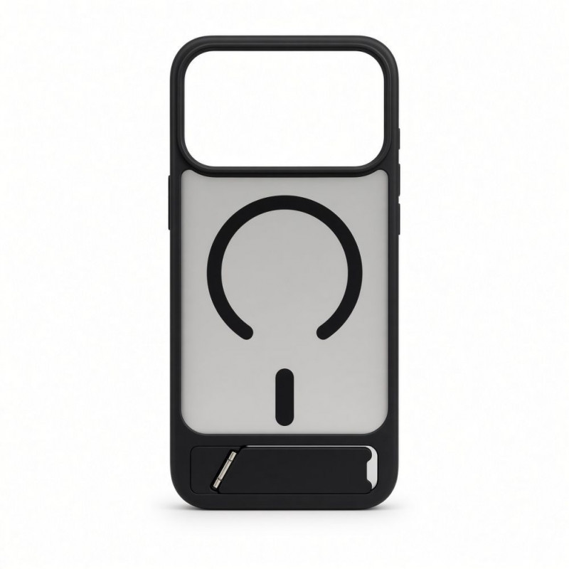 Evelatus kummikattega MagSafe ümbris koos alusega Apple iPhone 18 Pro Max jaoks, must