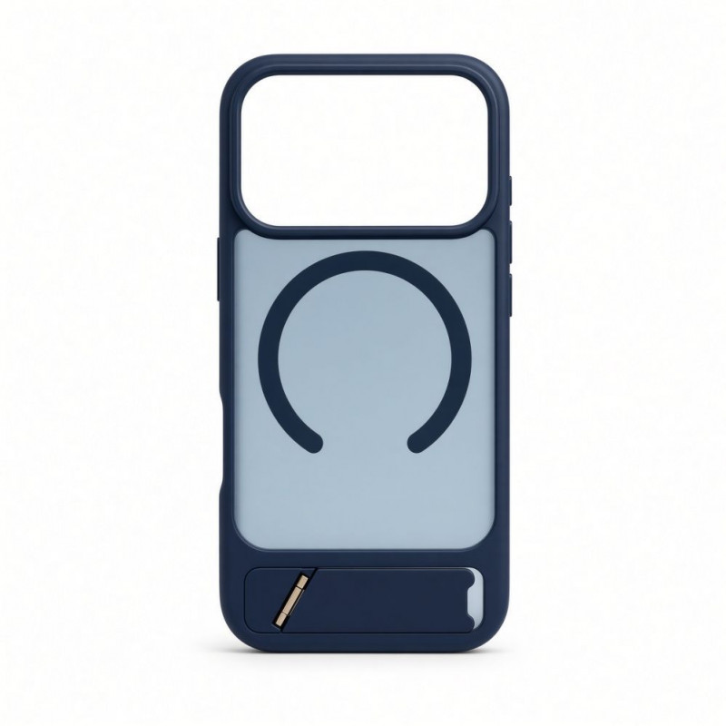 Evelatus kummikattega MagSafe ümbris koos alusega Apple iPhone 18 Pro jaoks, tumesinine