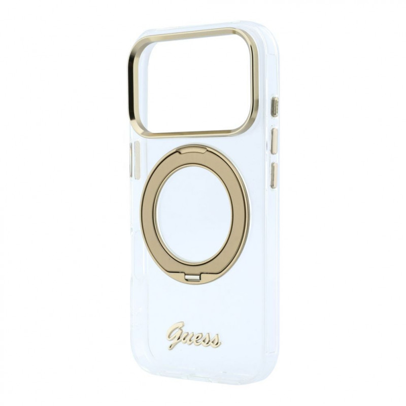 Guess HC MagSafe IML Ring Stand 360 Script Metal Logo ümbris Apple iPhone 18 Pro jaoks, läbipaistev
