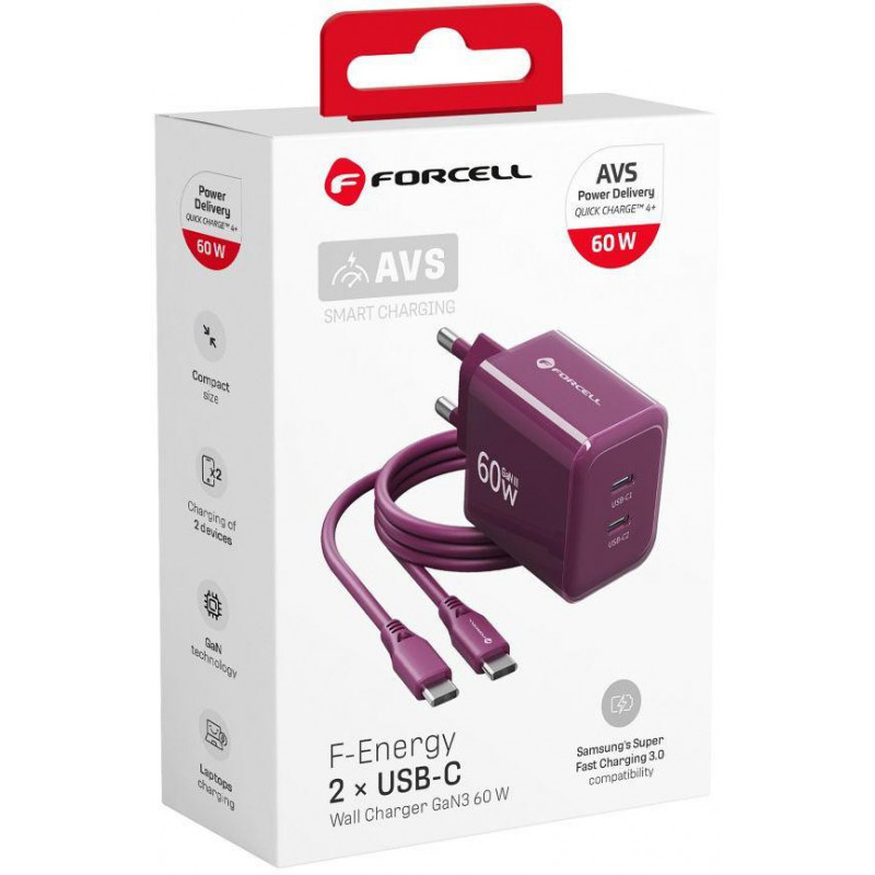Forcell F-Energy GaN III VT-60 60W PD QC 4.0+ 2x USB-C burgundia seinalaadija + USB-C kaabel
