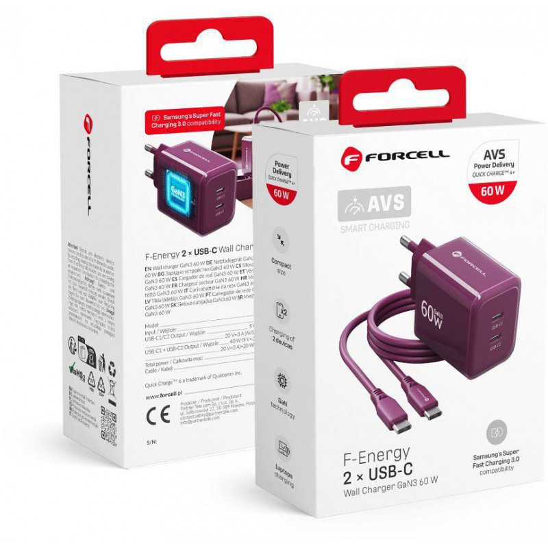 Forcell F-Energy GaN III VT-60 60W PD QC 4.0+ 2x USB-C burgundia seinalaadija + USB-C kaabel