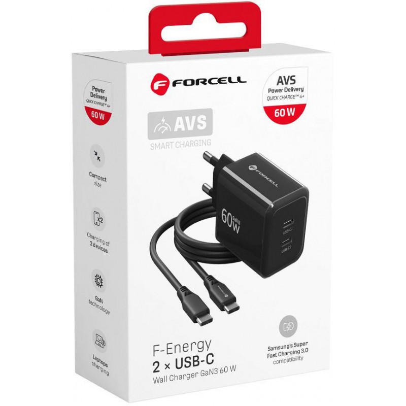 Forcell F-Energy GaN III VT-60 60W PD QC 4.0+ 2x USB-C must seinalaadija + USB-C kaabel